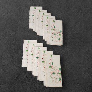 Vtg Lenox China HOLIDAY 10 Cotton Holiday Napkins Embroidered Cutwork Holly Berr